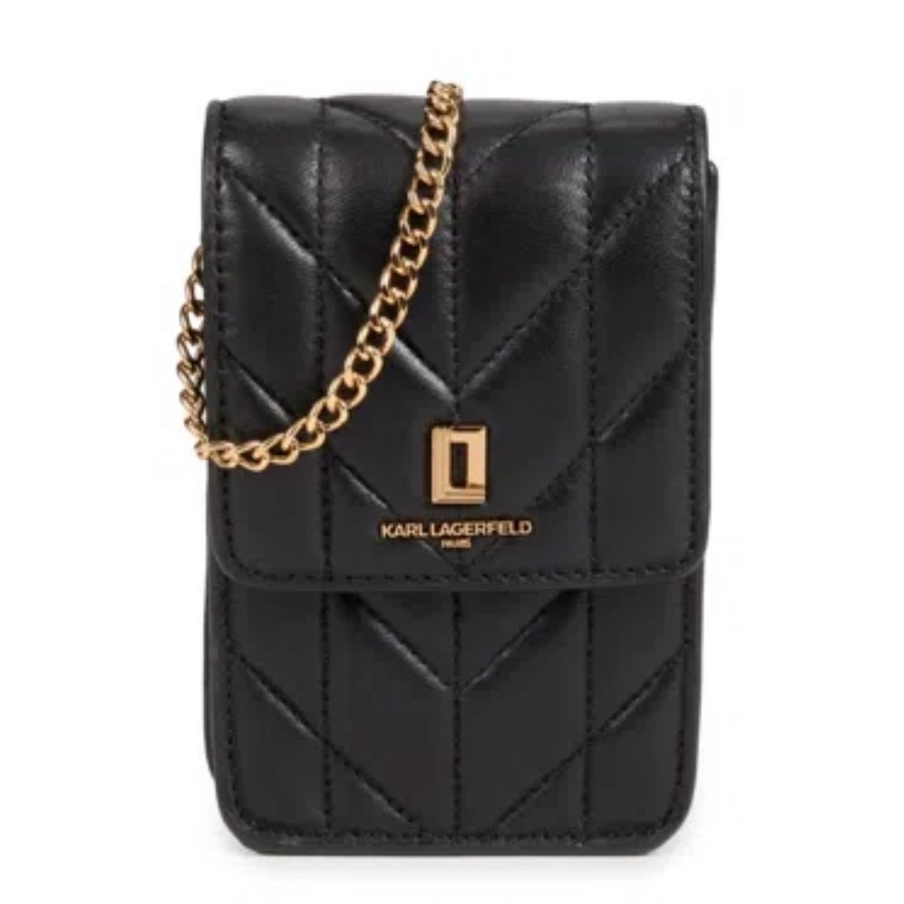 Karl Lagerfeld Black Quilted Mini Crossbody with Gold Chain